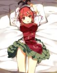  arms_up bandage bandages bdsm bed bondage breasts chinese_clothes double_bun hasebe_yu hasebe_yuusaku highres ibara_kasen ibaraki_kasen large_breasts looking_at_viewer on_back pink_hair red_eyes shackle short_hair solo touhou 