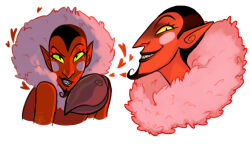  1boy black_eyes black_hair colored_sclera colored_skin crab_claw demon demon_boy dress evil_grin evil_smile facial_hair fur-trimmed_collar fur_trim goatee green_sclera grin hair_slicked_back heart him_(powerpuff_girls) looking_at_viewer male_focus multiple_views pink_fur pointy_ears powerpuff_girls red_dress red_skin sharp_teeth shinyakiyama smile solo teeth white_background widow&#039;s_peak yellow_sclera 