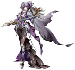  1girl armor armored_boots black_skirt black_veil boots breastplate breasts brown_pantyhose cape closed_mouth collar crossed_legs curtained_hair faulds floating_clothes floating_veil frilled_collar frills full_body funeral_veil game_cg hair_ornament hair_tie high_ponytail highres holding holding_sword holding_weapon juliet_sleeves knight langrisser langrisser_mobile large_breasts light_frown long_hair long_skirt long_sleeves looking_at_viewer mole official_art pantyhose pauldrons ponytail puffy_sleeves purple_cape purple_shirt second-party_source serious shirt shoulder_armor side_slit silver_trim simple_background skirt solo standing sword tabres_(langrisser) tachi-e transparent_background vambraces veil very_long_veil violet_eyes waist_cape weapon wing_hair_ornament 
