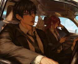  2boys black_hair black_necktie black_suit blue_eyes blue_sky car_interior chainsaw_man cigarette cup day disposable_coffee_cup disposable_cup driving earphones earrings feathered_wings halo highres holding holding_phone jewelry jyuangy long_hair multiple_boys necktie phone red_hair shirt sky smoke smoking stud_earrings suit topknot white_shirt wings 