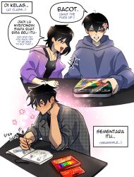  1girl 2boys anger_vein areuwuu black_hair black_shirt blue_hoodie blush closed_eyes desk drawing_(action) english_text han_sooyoung hand_on_own_neck highres holding holding_pen hood hood_down hoodie jacket kim_dokja mixed-language_text multiple_boys omniscient_reader&#039;s_viewpoint partially_shaded_face pen photo_inset plaid_clothes plaid_jacket purple_hoodie shirt short_hair sound_effects speech_bubble talking upper_body yoo_joonghyuk 