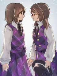  2girls brown_eyes brown_hair fedora from_side glasses hat highres holding holding_unworn_clothes long_sleeves multiple_girls neck_ribbon plaid_clothes plaid_skirt plaid_vest purple_skirt purple_vest related ribbon school_uniform shirt shukinuko skirt touhou unworn_headwear upper_body usami_renko usami_sumireko vest white_shirt 