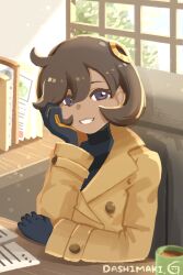  1girl black_gloves brown_coat coat commentary_request cup dashimaki_gorilla_(dasigori) emma_(pokemon) gloves grin hair_between_eyes highres indoors long_sleeves looking_at_viewer mug pokemon pokemon_legends:_z-a short_hair smile solo upper_body window 