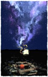  1other border closed_mouth colored_skin commentary floating full_body isutai jirachi looking_at_viewer milky_way night night_sky other_focus outdoors pokemon pokemon_(creature) pokemon_focus sky star_(sky) symbol-only_commentary tanzaku trapinch white_border white_skin 