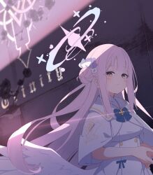  1girl blue_archive breasts capelet dress feathered_wings flower gradient_halo hair_bun hair_flower hair_ornament halo highres long_hair looking_at_viewer low_wings medium_breasts mika_(blue_archive) mikokomiyazawa multicolored_halo pink_hair pink_halo single_side_bun solo trinity_general_school_logo white_capelet white_dress white_wings wings yellow_eyes 