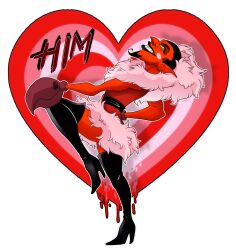 1boy belt black_belt black_hair black_thighhighs blueharuka boots colored_skin crab_claw demon demon_boy dress english_text evil_smile facial_hair from_side fur-trimmed_collar fur_trim goatee hair_slicked_back heart heart_background high_heel_boots high_heels highres him_(powerpuff_girls) looking_at_viewer male_focus melting pink_background pink_fur pointy_ears powerpuff_girls red_background red_dress red_skin sleeveless smile solo teeth thigh-highs thigh_boots white_background widow&#039;s_peak 