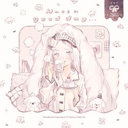  1girl :q artist_name blanket blush bone_button book cake cake_slice cherry closed_mouth coffee_mug commentary_request cream cream_on_face cup dog dog_hair_ornament drink english_text eye_mask food food_on_face fruit hair_ornament hat holding holding_cup holding_plate long_hair long_sleeves mask mask_on_head mug original pajamas parted_bangs party_hat pillow plate ryokuno_green shirt sparkle steam tongue tongue_out upper_body watermark white_dog white_eyes white_hair white_pajamas white_shirt white_theme 