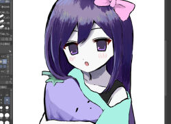  1girl :o aqua_shirt art_program_in_frame aubrey_(headspace)_(omori) aubrey_(omori) bow bra_strap clip_studio_paint collarbone colored_skin commentary double-parted_bangs eyebrows_hidden_by_hair faux_retro_artstyle from_above hair_between_eyes hair_bow holding holding_stuffed_toy long_hair looking_at_viewer mr._plantegg_(omori) omori open_mouth pink_bow portrait purple_hair screenshot shirt sidelocks simple_background single_bare_shoulder single_off_shoulder solo straight_hair stuffed_eggplant stuffed_toy true_erg tsurime violet_eyes white_background white_skin 