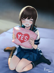  1girl black_hair black_socks blue_sailor_collar blue_skirt closed_eyes eckert&amp;eich fubuki_(kancolle) highres holding holding_pillow kantai_collection low_ponytail miniskirt open_mouth pillow pleated_skirt ponytail sailor_collar school_uniform serafuku short_hair short_ponytail sidelocks sitting skirt smile socks solo wariza yes yes-no_pillow 