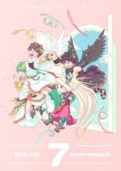  2boys 2girls ahoge angel angel_wings anniversary aonori106 bad_id bad_pixiv_id black_hair blonde_hair brown_hair chain closed_eyes confetti dark_pit dated dress flower gold_chain green_hair hair_flower hair_ornament holding_hands kid_icarus kid_icarus_uprising long_hair multiple_boys multiple_girls open_mouth palutena pink_background pit_(kid_icarus) red_dress thigh-highs twitter_username very_long_hair viridi white_thighhighs wings 