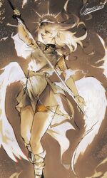  1girl absurdres alternate_costume armlet armor black_shirt boots dress feathered_wings feet_out_of_frame halo halo_behind_head headband high_collar highres holding holding_sword holding_weapon jewelry light_particles logicsterrr long_hair looking_at_viewer low_wings necklace nephis_(shadow_slave) outstretched_arm parted_lips shadow_slave shirt solo sword weapon white_dress white_eyes white_hair white_wings wings 