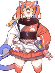  1girl :3 ahoge animal_ear_fluff animal_ear_piercing animal_ears apron asymmetrical_sleeves black_choker blue_eyes blue_hair blush braid cat_ears cat_girl cat_tail cellphone cellphone_charm chain charm_(object) checkered_clothes choker cropped_legs facing_up frilled_skirt frills fur_collar gradient_hair gradient_tail hair_ornament hands_on_own_hips highres japanese_clothes kimono kimono_skirt layered_skirt legs_apart long_hair long_sleeves mismatched_sleeves multicolored_hair multicolored_kimono multiple_tails neko_kai-san nekomata nekoyashiki_miku nijisanji obi open_mouth orange-tinted_eyewear orange_hair paw_print phone red_hair red_kimono red_thighhighs rope sash shimenawa simple_background skirt solo standing star-shaped_eyewear star_(symbol) streaked_hair stuffed_animal stuffed_cat stuffed_toy sunglasses tail thigh-highs tinted_eyewear twintails twintails_with_braided_base twitter_username two_tails v-shaped_eyebrows virtual_youtuber waist_apron white_apron white_background white_kimono wide_sleeves 