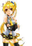  akita_neru avenne belt black_legwear blonde_hair crossed_arms detached_sleeves highres long_hair navel necktie pout side_ponytail skirt solo thigh-highs thighhighs very_long_hair vocaloid yellow_eyes 