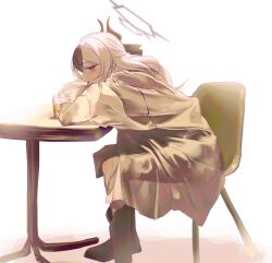 1girl black_footwear black_hair blue_archive blush chair from_side glass highres horns kayoko_(blue_archive) leaning_on_object leaning_on_table long_sleeves multicolored_hair sitting sitting_on_chair solo table white_hair yongkak