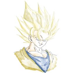  1boy 1rasutotoukou absurdres blue_shirt dragon_ball dragon_ball_z green_eyes highres male_focus medium_hair muscular muscular_male orange_shirt parted_lips shirt simple_background smirk solo son_goku spiky_hair super_saiyan super_saiyan_2 upper_body white_background 