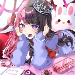  1girl absurdres almanju armband black_skirt blush bow bowtie box bracelet brown_bow brown_bowtie brown_hair brown_nails brown_sailor_collar candy cardigan chocolate commentary digital_media_player fingernails food hair_bun hair_ornament hairclip heart heart-shaped_chocolate heart-shaped_food highres ipod jewelry long_hair long_sleeves looking_at_viewer lying mouth_hold multicolored_hair nail_art nail_polish notebook on_stomach pink_hair pink_lips pink_nails pink_ribbon plaid_clothes plaid_skirt polka_dot polka_dot_bow purple_cardigan red_armband red_ribbon ribbon safety_pin sailor_collar school_uniform serafuku signature single_side_bun skirt smile solo split-color_hair stuffed_animal stuffed_rabbit stuffed_toy symbol-only_commentary tachibana_hinano tamagotchi_(virtual_pet) tiara two-tone_hair unworn_bow violet_eyes virtual_pet_(toy) virtual_youtuber vspo! white_serafuku 