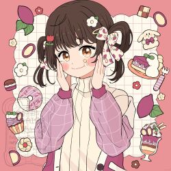  1girl :3 black_hair blush_stickers border bow cake cake_slice closed_mouth commentary cupcake doughnut eeppa flower food food_on_face fork grid_background hair_bow hair_flower hair_ornament hands_up highres jacket long_sleeves looking_at_viewer macaron off_shoulder open_clothes open_jacket original outside_border parfait purple_jacket red_border red_flower red_tulip short_hair smile solo sweater symbol-only_commentary tulip turtleneck turtleneck_sweater upper_body watermark white_background white_bow white_flower yellow_eyes yellow_sweater 