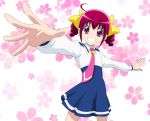  bow floral_background flower grin hair_bow hoshizora_miyuki necktie outstretched_arms pink_eyes pink_hair precure school_uniform short_hair short_twintails smile smile_(rz) smile_precure! solo spread_arms twintails white_background 