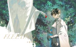  1boy armor black_hair bush cape charlemagne_(fate) charlemagne_(second_ascension)_(fate) closed_eyes fate/grand_order fate_(series) gloves hair_between_eyes hand_on_hilt highres idass_(idass16) male_focus multicolored_hair profile short_hair solo statue streaked_hair sword two-tone_hair weapon white_cape white_hair 