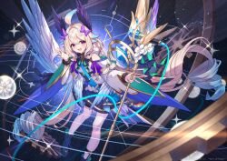  1girl :d absurdly_long_hair ahoge aqua_hair aqua_nails bird_tail blonde_hair blush bow breasts bridal_gauntlets dress enna_alouette enna_alouette_(1st_costume) floating_hair gears hair_bow head_wings highres holding holding_microphone_stand kt._(kaisou-notagui) long_hair looking_at_viewer low_twintails low_wings microphone microphone_stand nijisanji nijisanji_en off-shoulder_dress off_shoulder official_artist_extra pantyhose small_breasts smile solo sparkle tail tassel twintails v very_long_hair violet_eyes virtual_youtuber waving white_pantyhose wings 