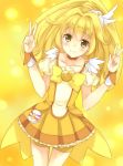  bike_shorts blonde_hair collarbone cure_peace double_v dress hair_ornament kise_yayoi long_hair magical_girl maruki_(punchiki) ponytail precure punchiki shorts_under_skirt skirt smile smile_precure! solo v yellow yellow_background yellow_dress yellow_eyes 