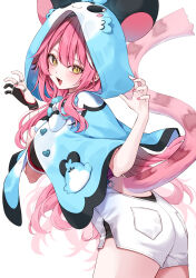  1girl :d absurdres ass black_gloves blue_capelet breasts capelet center-flap_bangs character_hood chattino_(raora_panthera) claw_pose commentary double-parted_bangs gloves hands_up high-waist_shorts highres hololive hololive_english hood hood_up hooded_capelet large_breasts long_hair looking_at_viewer mogu_(au1127) multicolored_hair open_mouth panther_girl panther_tail partially_fingerless_gloves pink_hair raora_panthera raora_panthera_(1st_costume) shorts sidelocks simple_background single_glove smile solo streaked_hair symbol-only_commentary tail tail_through_clothes very_long_hair vest virtual_youtuber white_background white_shorts white_streaks white_vest yellow_eyes 