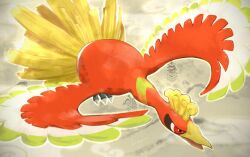  animal_focus beak bird feathers flying full_body ho-oh isutai looking_at_viewer no_humans open_mouth pokemon pokemon_(creature) pokemon_focus red_eyes red_feathers simple_background solo talons yellow_background yellow_feathers 