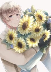 1boy absurdres axis_powers_hetalia black_gloves blue_flower blush bouquet brown_coat closed_mouth coat commentary_request flower gloves grey_hair hair_between_eyes hands_up highres holding holding_bouquet kashikales leaf long_sleeves looking_at_viewer male_focus russia_(hetalia) scarf short_hair simple_background smile solo sunflower upper_body violet_eyes white_background white_scarf yellow_flower 