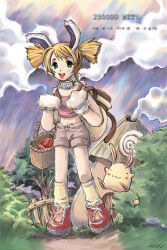  1girl :3 :d animal_ears animal_hands archived_source artist_name basket black_eyes blunt_ends brown_shorts bush carrot clouds collar commentary_request cross-laced_shoes dated_commentary dirt_road fence full_body gift_art gloves green_eyes holding_jug hut jang_sun-yeong jug_(bottle) kneehighs korean_commentary metal_collar midriff milestone_celebration navel open_mouth original outdoors paw_gloves pink_tank_top rabbit rabbit_ears rabbit_girl red_shoes road rock shoes short_twintails shorts smile smokestack socks solid_circle_eyes solo_focus tank_top teeth tree twintails upper_teeth_only white_gloves wooden_fence yellow_socks yellow_tail 