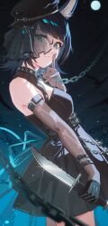 1girl absurdres animal_ear_fluff animal_ears aqua_eyes arknights arm_belt bang_dream! bang_dream!_it&#039;s_mygo!!!!! bare_shoulders black_dress black_gloves black_hat blue_hair breasts chinese_commentary choker commentary dress elbow_gloves enoharatoki finger_to_mouth full_moon gloves hand_up hat highres holding holding_knife holding_weapon knife looking_at_viewer medium_breasts medium_hair moon night night_sky parted_lips shushing sky solo spiked_choker spikes tail weapon wolf_ears wolf_girl wolf_tail yahata_umiri yahata_umiri_(moonlight_executioner) 