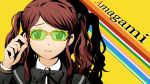  amagami bespectacled brown_eyes brown_hair glasses lips makisige nakata_sae parody persona persona_4 school_uniform solo style_parody twintails yellow-framed_glasses 