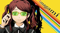  amagami bespectacled brown_eyes brown_hair glasses lips makisige nakata_sae parody persona persona_4 school_uniform solo style_parody twintails yellow-framed_glasses 