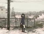  bag black_hair chainlink_fence cherry_blossoms city city_skyline cityscape hanno head_tilt lamppost long_hair looking_at_viewer original petals power_lines school_uniform skirt smile solo standing v_arms wind 