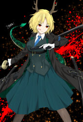  1girl absurdres antlers blonde_hair blood blood_on_face blood_splatter blood_stain breasts dragon_girl dragon_horns dragon_tail fur-tipped_tail gloves green_scales green_tail gun highres holding holding_gun holding_sword holding_weapon horns jacket katana kicchou_yachie large_breasts looking_at_viewer military military_jacket military_uniform monster_girl red_eyes scabbard scales sheath short_hair solo sword tail touhou turtle_shell user_pgzf2375 weapon yellow_horns 