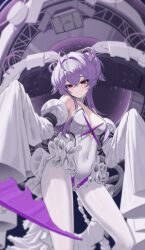  1girl absurdres ahoge commentary covered_navel detached_sleeves frills goddess_of_victory:_nikke hair_intakes hairband hands_up headgear highres leotard liberalio_(nikke) looking_at_viewer maji_(majidesu3) pantyhose purple_hair red_eyes short_hair_with_long_locks sleeves_past_fingers sleeves_past_wrists solo standing symbol-only_commentary white_leotard white_pantyhose white_sleeves 