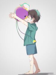  1boy bandaid bandaid_on_foot bandaid_on_leg barefoot black_hair bruise child commentary_request drifloon from_side full_body gauze gauze_on_cheek highres hood hood_down injury male_focus pokemon pokemon_(creature) short_hair simple_background tears yrz_oou 