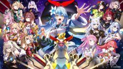  6+girls :d ahoge amane_kanata angel_wings animal_ears aqua_eyes backwards_hat baseball_cap beret black_corset black_dress black_gloves blonde_hair blue_bow blue_bowtie blue_coat blue_eyes blue_hair blue_skirt bow bowtie braid braided_bun breasts brown_eyes brown_hair center_frills closed_mouth coat colored_inner_hair commentary_request copyright_name corset crossed_bangs dog_girl double-parted_bangs double_bun double_fox_shadow_puppet dress dual_wielding flower fox_ears fox_girl fox_shadow_puppet frilled_shirt frilled_skirt frills fur-trimmed_coat fur_trim gloves gradient_hair green_eyes grey_eyes grey_hair grin gun hair_between_eyes hair_bun hair_flower hair_ornament hakui_koyori hakui_koyori_(1st_costume) hand_up hat heart heart_ahoge heterochromia himemori_luna holding holding_gun holding_weapon hololive holox horns houshou_marine inugami_korone inugami_korone_(1st_costume) kazama_iroha kazama_iroha_(1st_costume) kito_koruta la+_darknesss la+_darknesss_(1st_costume) large_breasts lion_ears lion_girl long_hair magical_girl mahou_shoujo_holowitch! medium_hair mini_wings miniskirt momosuzu_nene momosuzu_nene_(1st_costume) multicolored_hair multiple_girls off_shoulder official_alternate_costume official_art omaru_polka omaru_polka_(1st_costume) oozora_subaru oozora_subaru_(1st_costume) open_mouth outstretched_arm pink_hair plaid_bow plaid_bowtie plaid_clothes pointy_ears ponytail purple_hair red_eyes red_hair sakura_miko shirakami_fubuki shirogane_noel shirogane_noel_(1st_costume) shirt shishiro_botan shishiro_botan_(1st_costume) short_hair side_braid side_braids skirt sleeveless sleeveless_shirt smile snowflake_hair_ornament streaked_hair underbust very_long_hair violet_eyes virtual_youtuber weapon white_dress white_gloves white_hair white_hat white_shirt white_wings wings wolf_ears yellow_eyes yukihana_lamy yukihana_lamy_(1st_costume) yukimin_(yukihana_lamy) 