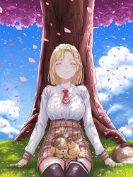  1girl against_tree animal black_thighhighs blonde_hair blue_sky brown_skirt bubba_(watson_amelia) bush cherry_blossoms closed_eyes closed_mouth clouds collared_shirt dog dog_on_lap highres hololive hololive_english medium_hair nihto o-ring o-ring_thigh_strap outdoors shirt skirt sky smile solo thigh-highs thigh_strap tree virtual_youtuber watson_amelia watson_amelia_(1st_costume) white_shirt 