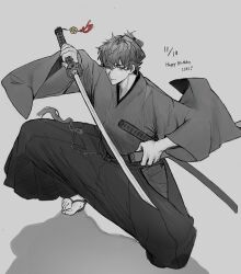  1boy fate/grand_order fate/samurai_remnant fate_(series) full_body greyscale hakama happy_birthday highres holding holding_sword holding_weapon japanese_clothes katana kimono miyamoto_iori_(fate) monochrome on_one_knee sena_fate sheath sheathed solo sword topknot unsheathed weapon 