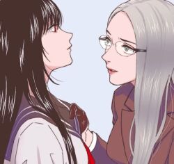  black_gloves black_hair black_sailor_collar blue_background breasts brown_jacket closed_mouth clothes_grab commentary_request expressionless eye_contact face-to-face glasses gloves green_eyes grey_hair jacket lipstick long_hair looking_at_another makeup medium_breasts mugennitaberu neckerchief original parted_bangs profile red_eyes red_lips red_neckerchief rimless_eyewear sailor_collar school_uniform shirt simple_background straight_hair suit_jacket upper_body white_shirt yuri 
