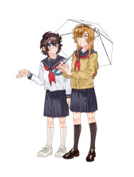  2girls absurdres black_skirt blonde_hair blush brown_hair chinese_commentary commentary full_body glasses hair_between_eyes hairband highres holding holding_umbrella jiguang_haibao kneehighs koishikawa_iko long_hair long_sleeves momijiyama_teru multiple_girls neckerchief pleated_skirt sailor_collar scar scar_on_face school_uniform serafuku shirt shoes short_hair shy_(series) simple_background skirt smile socks standing teeth umbrella white_background 