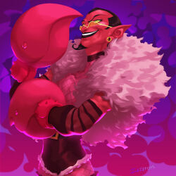  1boy black_hair black_shorts blue_background bubble_background colored_skin crab_claw demon demon_boy evil_grin evil_smile facial_hair fishnets fur-trimmed_collar fur_trim goatee gradient_background green_eyes grin hair_slicked_back him_(powerpuff_girls) looking_at_viewer male_focus pink_background pink_fur pointy_ears powerpuff_girls purple_background raised_eyebrow red_skin semi-rimless_eyewear sharp_teeth short_shorts shorts signature smile teeth upper_body zacarovs 