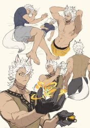  1boy animal_ears black_male_underwear black_pants blue_shirt brown_gloves brown_shirt closed_eyes dark-skinned_male dark_skin gloves grey_shorts highres holding_log jack_howl jip male_focus male_underwear manly multiple_views muscular muscular_male open_mouth pants shirt shorts sleeping sleeveless sleeveless_shirt tail topless_male twisted_wonderland underwear white_hair wolf_ears wolf_tail yawning yellow_eyes 