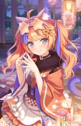  1girl ahoge animal_ear_fluff animal_ear_piercing animal_ears apron asymmetrical_sleeves bedroom black_choker blue_eyes blue_hair blue_nails blush braid cat_ears cat_girl cat_tail cellphone cellphone_charm chain charm_(object) checkered_clothes choker closed_mouth cowboy_shot curtains cushion eyewear_on_head flower frilled_skirt frills fur_collar gradient_hair gradient_tail hair_ornament highres japanese_clothes kimono kimono_skirt layered_skirt long_hair long_sleeves looking_at_viewer mismatched_sleeves multicolored_hair multicolored_kimono multicolored_nails multiple_tails nail_polish nekomata nekoyashiki_miku night nijisanji obi orange-tinted_eyewear orange_hair own_hands_together paw_print phone pink_flower pink_rose red_hair red_kimono red_nails red_thighhighs rope rose rug sash shimenawa sitting skirt smile solo star-shaped_eyewear star_(symbol) streaked_hair stuffed_animal stuffed_cat stuffed_toy sunglasses tail thigh-highs tinted_eyewear tokoshibyra twintails twintails_with_braided_base two_tails virtual_youtuber waist_apron white_apron white_kimono wide_sleeves window wooden_floor 
