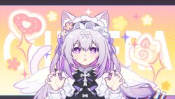  1girl :o alternate_costume animal_ear_fluff animal_ears black_bow black_dress bow castorice_(honkai:_star_rail) cat_ears cat_girl cat_tail chinese_commentary claw_pose colored_inner_hair commentary_request dress flower frills grey_hair hair_between_eyes hair_bow hair_flower hair_ornament hairband hands_up heart highres honkai:_star_rail honkai_(series) letterboxed long_hair long_sleeves looking_at_viewer maid_headdress multicolored_hair parted_lips pink_eyes pink_hair purple_hair shirt solo tail upper_body very_long_hair violet_eyes virtual_youtuber white_wings wings xiaohutu 