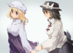  2girls absurdres adapted_costume back_bow black_skirt blonde_hair bow brown_eyes brown_hair chinese_clothes fedora from_side hat highres maribel_hearn mob_cap multiple_girls purple_skirt shirt shukinuko skirt touhou upper_body usami_renko violet_eyes white_shirt wide_sleeves 