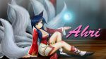  ahri animal_ears blue_hair breasts cleavage energy_ball facial_mark fox_ears fox_tail highres league_of_legends long_hair multiple_tails sitting smile solo tail yellow_eyes zepros0 