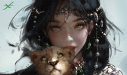  1girl aegyo_sal animal armor biting biting_ear black_hair cat day earrings expressionless forehead_jewel ghostblade green_eyes highres jewelry looking_at_viewer magatama magatama_earrings necklace ornate_clothes outdoors portrait princess_aeolian short_hair shoulder_armor sidelighting solo wlop 