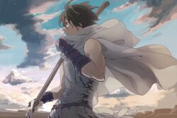 1boy belt biceps black_hair blue_sky brown_eyes cape closed_mouth clouds cloudy_sky commentary_request cowboy_shot dated_commentary evening from_side holding holding_stick male_focus original outdoors profile short_hair sky solo standing stick tank_top tukasac white_cape white_tank_top 