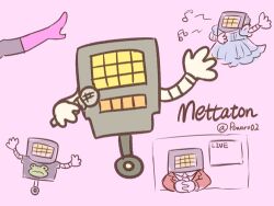 1boy 2016 2d animal_print artist_name black_shirt blue_dress boots character_name digital_media dress english_text frog_print gloves hand_up high_heel_boots holding holding_microphone interlocked_fingers leg_up lowres male male_focus male_only mettaton mettaton_(box) microphone multiple_views musical_note necktie non-humanoid_robot own_hands_clasped own_hands_together pink_boots powaro02 red_background red_suit robot robot_boy shirt simple_background solo suit text twitter_username undertale utdr_(toby_fox) wheel white_gloves yellow_necktie